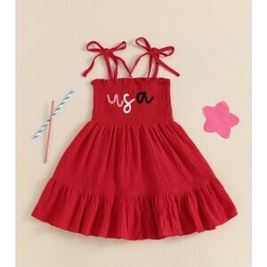 NWT Girls 4th of July Red Smocked USA Embroidered Dress